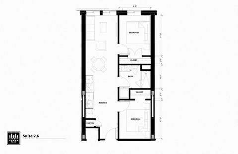Floor plan for 2 beds, 1 bath, 721 sqft